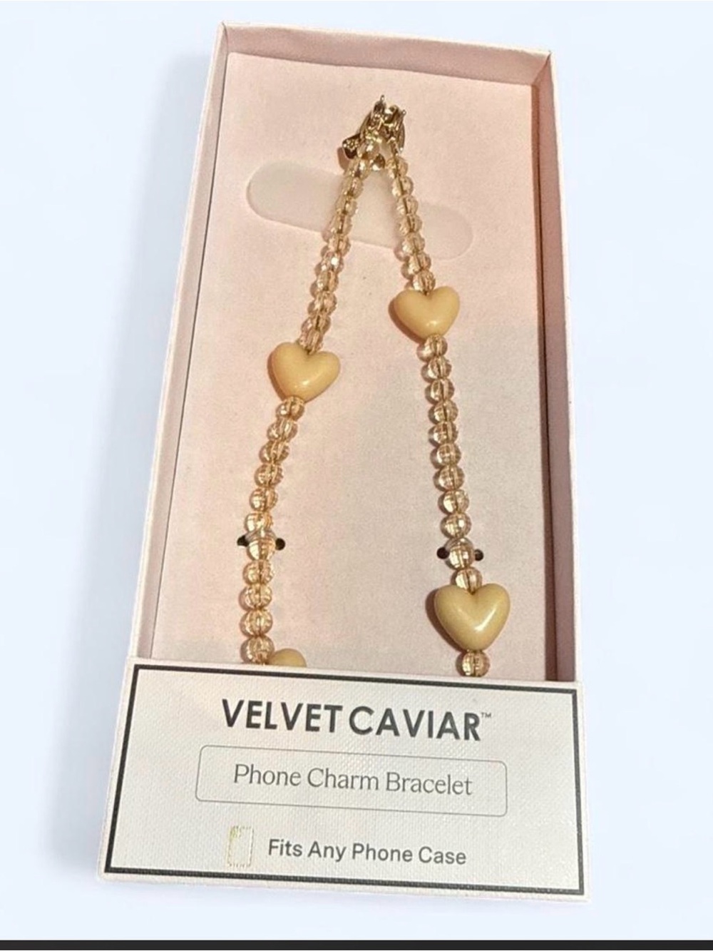 BNIB Velvet Caviar Champagne Bead Necklace with Cream Heart Accents